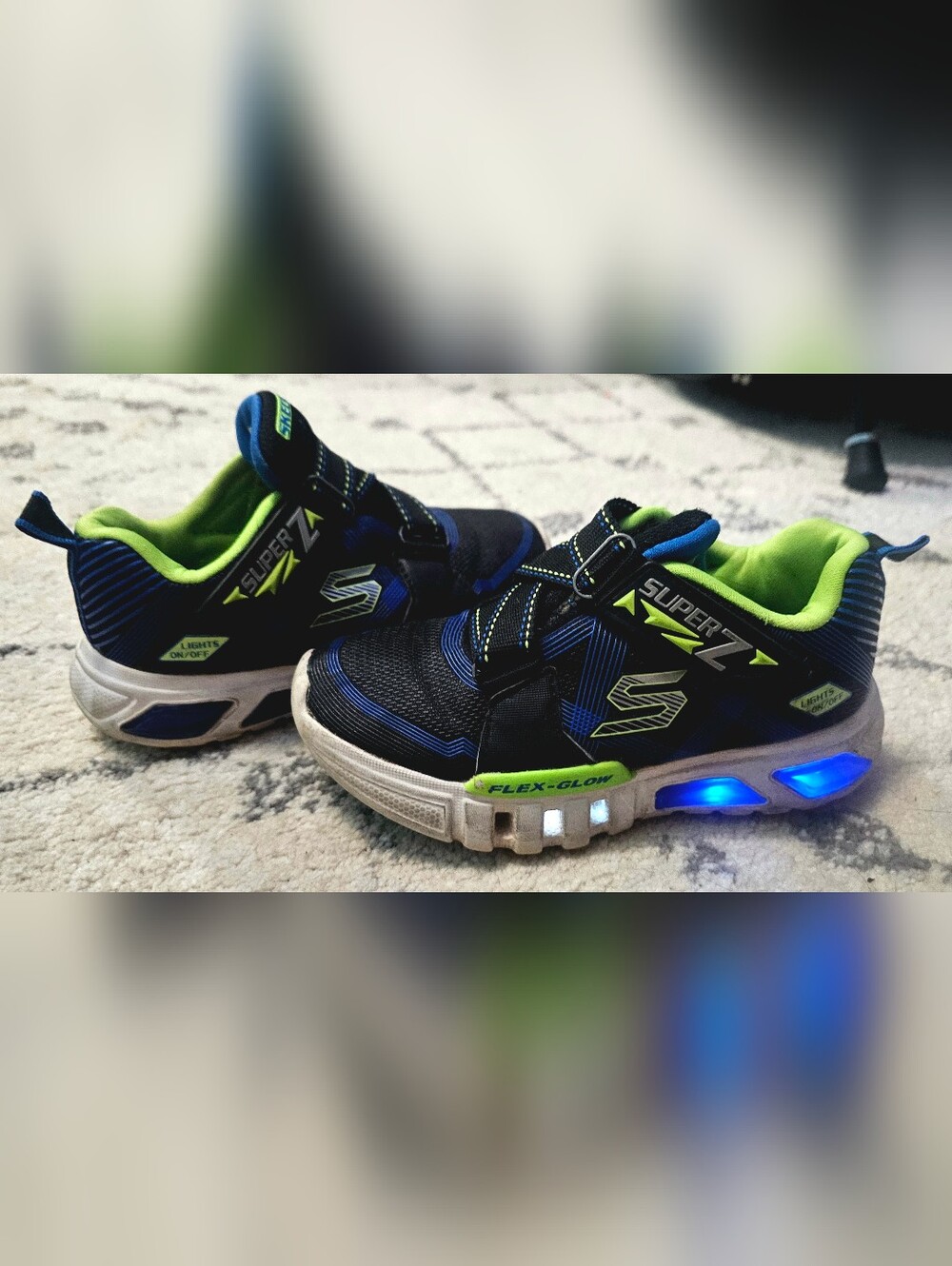 Skechers Kids Black & Blue Light-Up Sneakers with Neon Green Trim